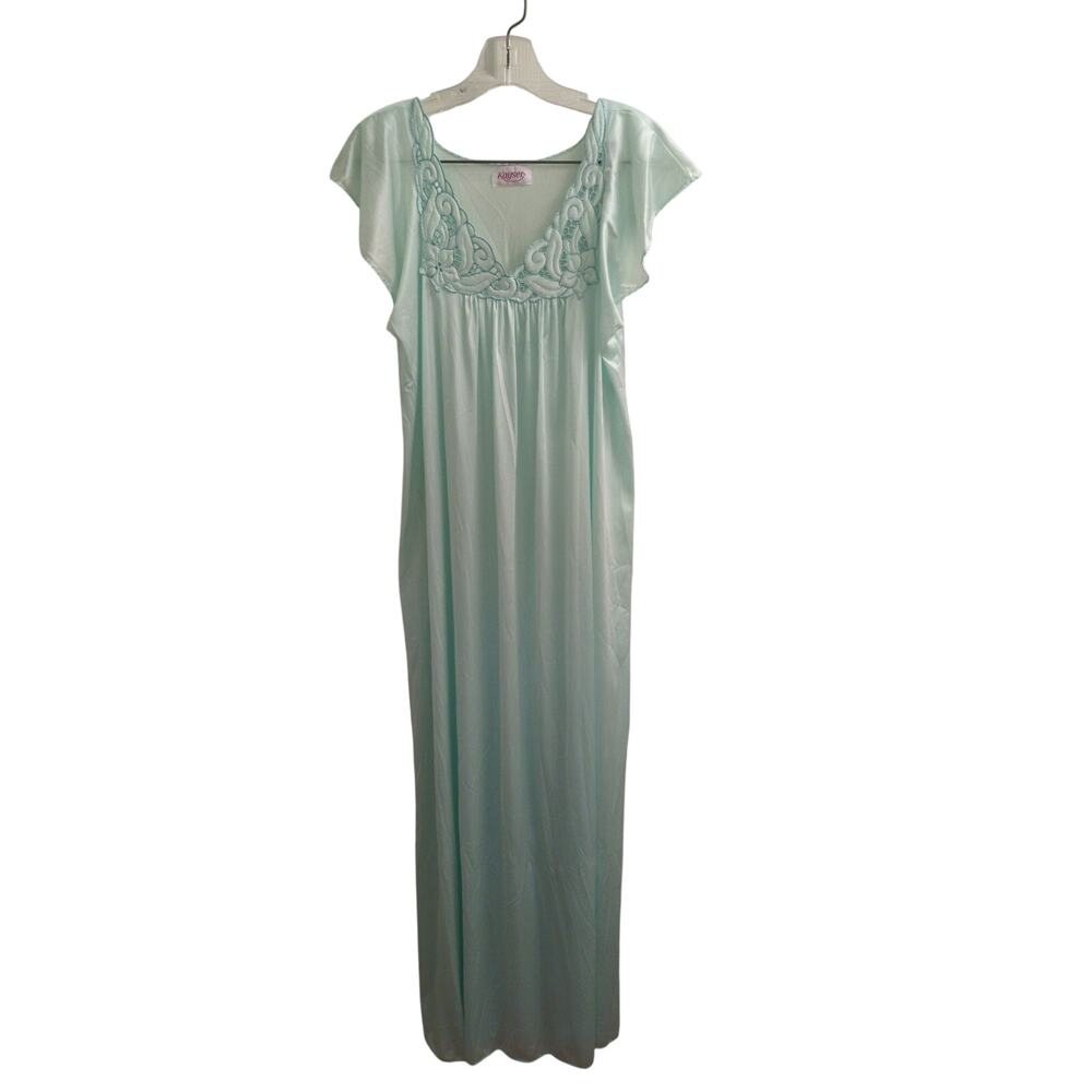 Vintage Kayser Nightgown Sz Medium Mint Green Nylon Maxi Lace Trim Cap Sleeve
